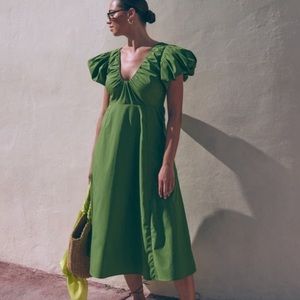 Abercrombie Puff Sleeve Plunge Midi Dress in Green